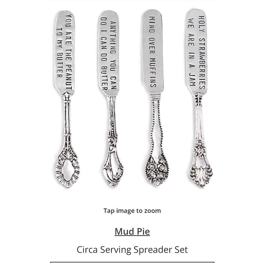 Set 4/ Mud Pie Metal Stamped Breakfast/Brunch Spreader Knives Various Sayings EC